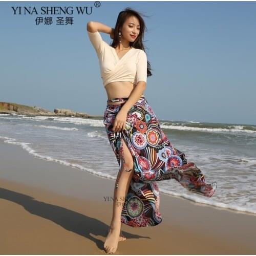 2pcs Set Belly Dance Oriental Dance Practice Clothing New Women Belly Dance Clothing Printed Skirt Belly Dance Costume Top Skirt