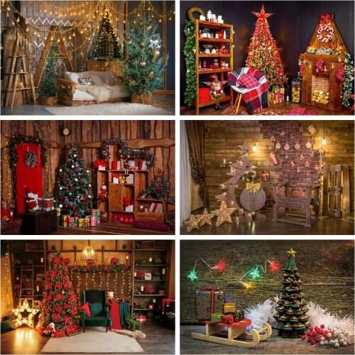 Laeacco Interior Wooden House Sofa Decor Scene Christmas Tree Ambient Light Background Portrait Customized Photography Backdrops