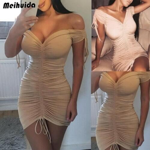 Summer Womens Off Shoulder Shirred Drawstring Mujeres Adjustable Solid Mini Dress Bodycon Dress