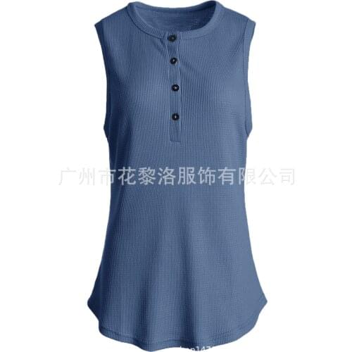 Button 2020 Summer V-neck Sleeveless Solid T-shirt Plaid Top