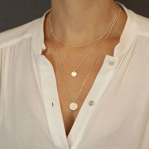 Simple retro style plating gold and silver a large and small round sequins metal wind multi-layer necklace
