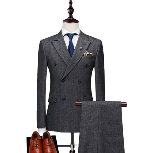 Mens Double Breasted Suit 2021 Business 3Pieces Slim Fit Vertical Striped Suit Men Luxury Wedding Dress Blazer Suits Male