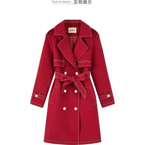 Spring 2021 New Red Windbreaker Womens Middle Long Small Temperament Slim Down Fashion Coat