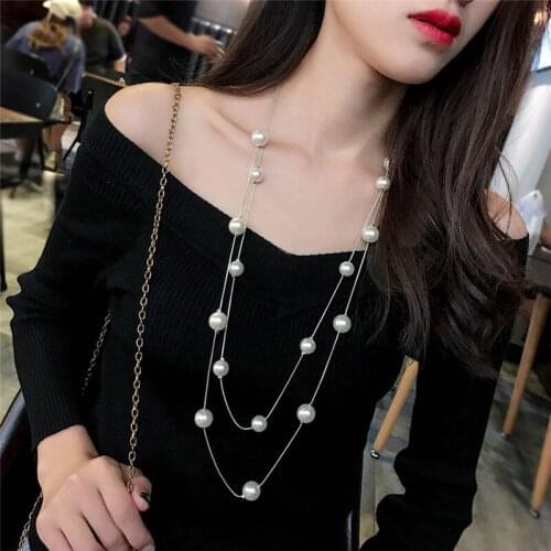 LISM Charm Double Layer Big Pearl Necklaces for Women Fashion Silver Chain Long Necklace Statement Jewelry ketting bijoux femme