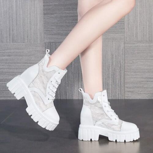 Autumn Cool Boots Women Summer Genuine Leather British Style Hollow Hole Mesh Martin Boots Women Thick Heel Mesh Boots Women