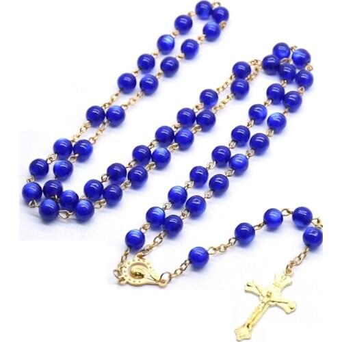 QIGO Religious Blue Resin Beaded Rosary Necklace Gold Jesus Cross Pendant Necklace Prayer Jewelry Gifts For Men Women