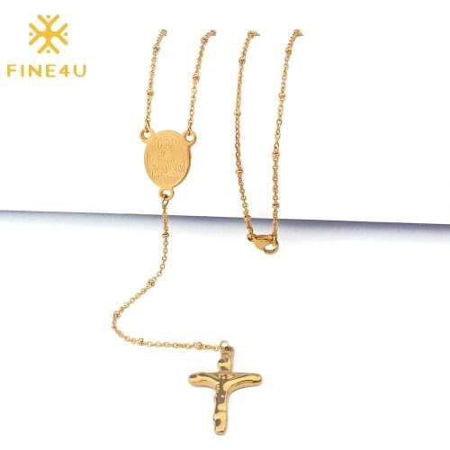 FINE4U N422 Stainless Steel Cross Virgin Mary Pendant Necklace 2mm Rosary Beads Necklaces For Catholic Christian Jewelry