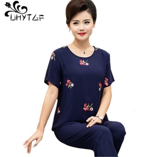 UHYTGF Middle-Aged Elderly Pajamas Womens Cotton Silk Thin Home Wear Pullover Summer Two-Piece Sets 4XL Plus Size Sleepwear 2142