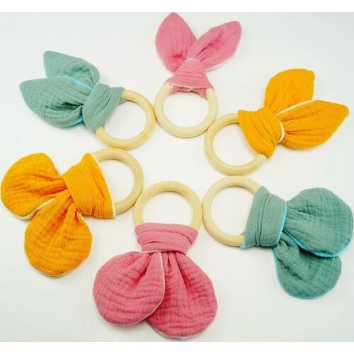 OOTDTY Baby Teether Cute Ear Teething Wooden Ring Rattle Newborn Nursing Chewing Molar Play Sensory Toys Shower Gifts