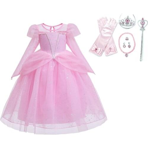 Girl Christmas Pink Dress Kids Snow Queen 2 Elsa Rapunzel Aurora Costume Children Carnival Birthday Party Clothes Accessory