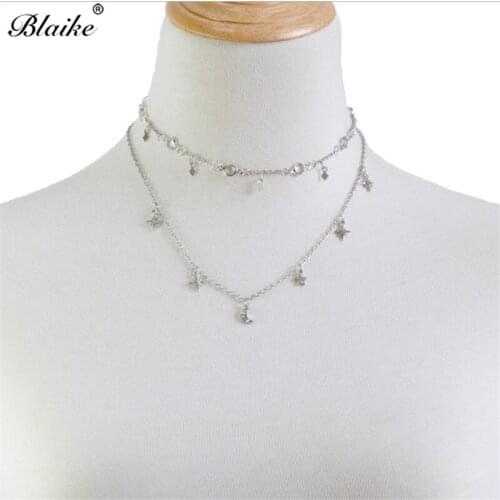 Blaike Silver Color Moon Star Dangle Necklace Set White Zircon Wedding Party Necklace For Women Free Shipping