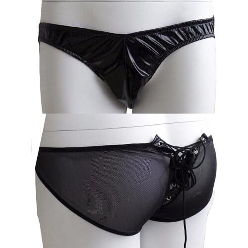 Mens Sissy Transformation Sexy G-String with Wet Look Leather Front and Sheer Lace Back Thong Fetish Underwear Sexy Lingerie