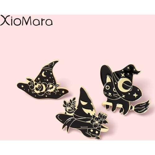 Dark Magic Star Moon Cat Enamel Pins Wizard Hat Broom Brooches Lapel Punk Badges Wholesale Pin Fashion Jewelry Gifts for Friends