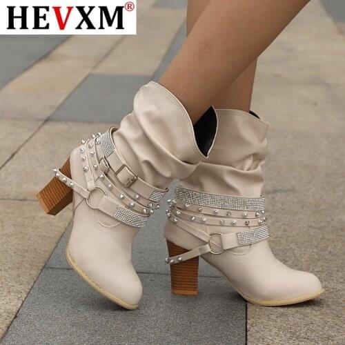Buckle Strap Boots Women Autumn Winter Retro PU leather Shiny Rivets Heel Half Boots Winter Shoes Women Botines Mujer 2020