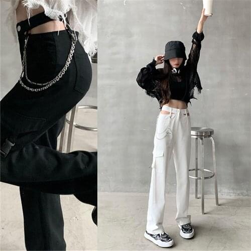 Fashion Hollow Out Chain Straight Pants For Women White Holes Big Pockets High Waist Cargo Pants Black Trouser Fall P018