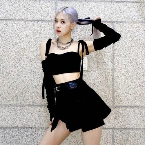 Kpop ROSE dance show Black Bow-knot Lace-up sling Tube top+irregular sexy High waist mini skirts women two piece set