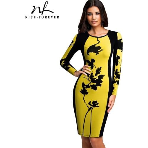 Nice-forever Autumn Women Fashion Contrast Color patchwork Dresses Party Bodycon Fitted Slim Dress 346
