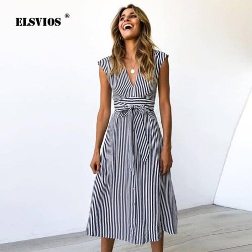 ELSVIOS 2019 Summer Spring Sexy V-neck Button Striped Dress Women Casual Knee-Length Sleeveless Lace Up Bow A-Line Dress vestido