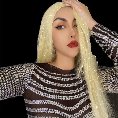 Silver Rhinestone Transparent Black Mesh Long Dress Women Dancer Bar Show Outfit Birthday Evening Costume Dress