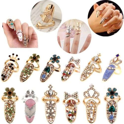 2pcs Women Fashion Bowknot Nail Ring Nail Art Decoration Charm Crown Flower Crystal Finger Nail Rings Nail DIY