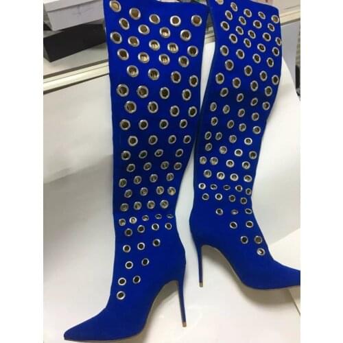 2017 spring women long boots sexy cut-outs high heels over the knee boots blue peep toe ladies shoes fashion mixed colors shoe