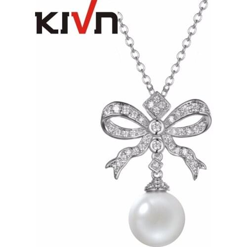 KIVN Jewelry Bow Ribbon Pave CZ Cubic Zirconia Womens Girls Simulated Pearl Pendant Necklaces Birthday Gifts 6pcs Lot Wholesale