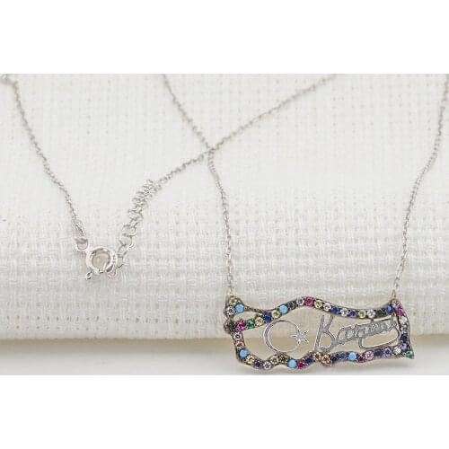 925 sterling Silver Ataturk Signed Turkiye Map Zircon Stone Women Necklace
