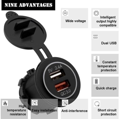 Car 3.4A QC 3.0 LED Dual USB Charger Socket Adapter 60cm Wires for Phone Tablet Escondite Secreto Portable Car Accessories