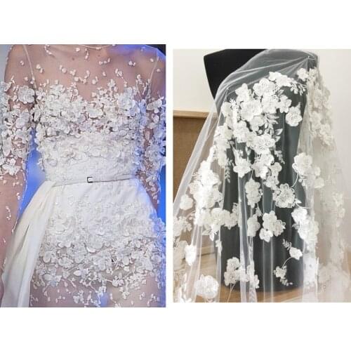 Exquisite Applique Beaded Bridal Lace Fabric Handmade DIY Light Ivory Decorative Wedding Fabric RS3674