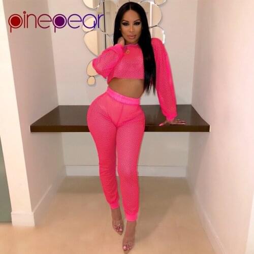 PinePear Fishnet Long Sleeve Crop Top and Pants Two Piece Set Sexy Club Wear 2020 Women Hollow Out Matching Sets Drop Shipping