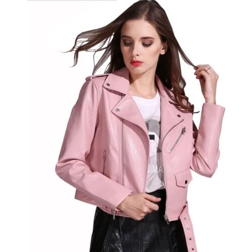Trendy Autumn Winter Women Faux Leather Jackets Lady PU Bomber Motorcycle Outerwear Slim Short Punk Coat with Belt Black Pink