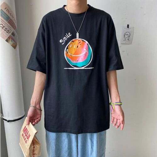 Summer Youth Fun Print Mens Short Sleeve T-Shirt Fashionable Loose All-Match Casual Clothes Hip Hop Simple Style Streetwear Top
