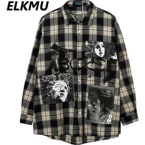 ELKMU Mens Plaid Shirt Harajuku Streetwear Autumn Long Sleeve Shirts Jackets Oversized Fashion Hip Hop Tops Shirts Male HM428