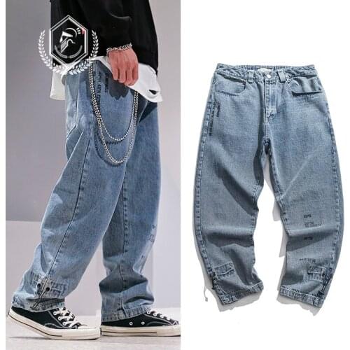 Men Loose Vintage Embroidery Staright Jeans Fashion Pockets Wide Leg Pants Hip Hop Jeans