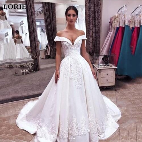 LORIE A Line Modest Satin Wedding Dresses Vestido de novia Off Shoulder Appliqued Lace Bridal Gowns Corset Wedding Gown