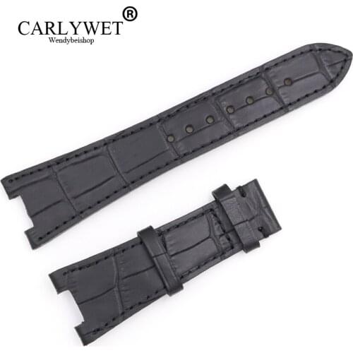 CARLYWET 25mm Black Real Leather Handmade Replacement Crocodile Grain Wrist Watch Band Strap