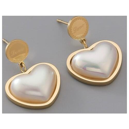316L Stainless Steel New Fashion Upscale Jewelry Gold Color Carving Love Hanging Pearl Heart Shape Sweet Drop Earrings For Women