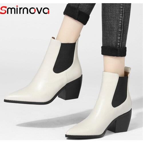 Smirnova 2022 Plus Size 43 Thick High Heels Chelsea Boots Women Shoes Leopard Pointed Toe Autumn Winter Ankle Boots Women