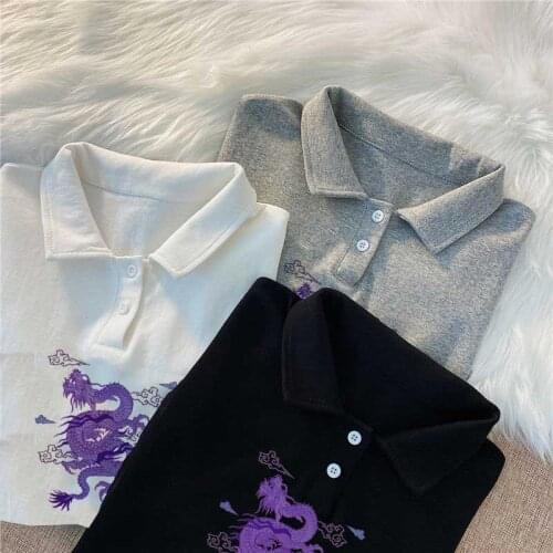 Punk women t-shirt vintage chinese dragon print Y2K Streetwear Short Sleeve White T-shirt 2000s Button lapels t-shirt women 2021