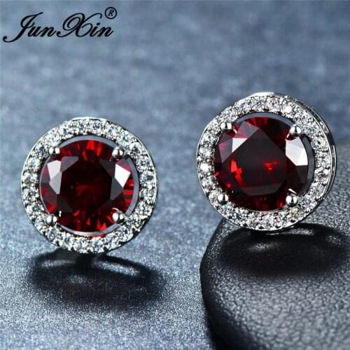 JUNXIN Multicolor Zircon Round Stud Earrings For Women White Gold/Rose Gold Purple Red Blue Crystal Rainbow Earrings CZ