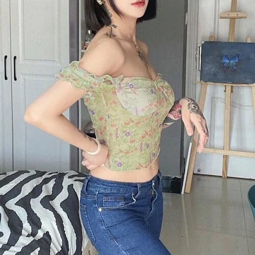 Floral Printed ruffle lace sexy crop tops tee women front tie sleeveless Cami top summer V neck spaghetti strap top party club