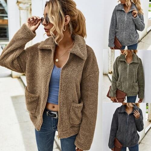 Women Solid Patchwork Fleece Long Sleeves Coats Zipper Keep Warm Coat 2020 Fashion Ladies Pockets Coats Turn-down Collar Loose
