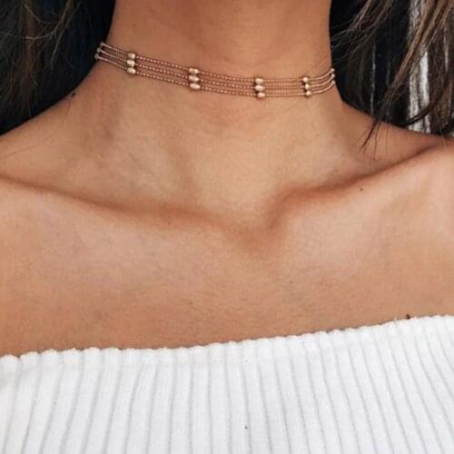 Boho Gold Silver Color Chain Beads Choker Necklace Women Multi Layer Chocker Necklaces Chokers colar collier femme ketting