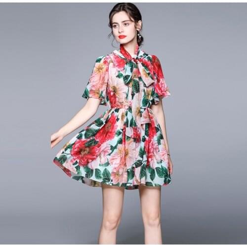 Vestidos Mujer Verano 2021 NewestFashion Runway Summer Party Dress Women O-Neck Vintage Floral Print Chiffon Elegant Mini Dress