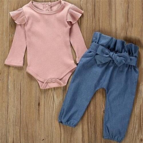 2PCS Children Suit Fashion Toddler Kids Baby Girls Clothing Set Pink Beige T-shirt Tops + Jean Denim Pants Outfits