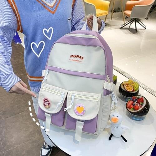 2021 Kawaii Canvas School Backpack Large Capacity Waterproof Solid Student Bag School Supplies Tutorial Bag Korea Stationery