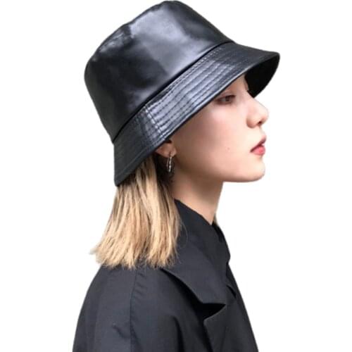 2021 Fashion Women Hat Winter Faux Leather Solid Colored Sun Protection Fisherman Cap Casual Bucket Hat Pu