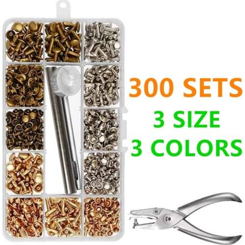 300 Sets Leather Rivets Double Cap Rivet Tubular Metal Studs With Punch Pliers Diy Sewing Leather Craft Rivets 3 Colors 3 Sizes