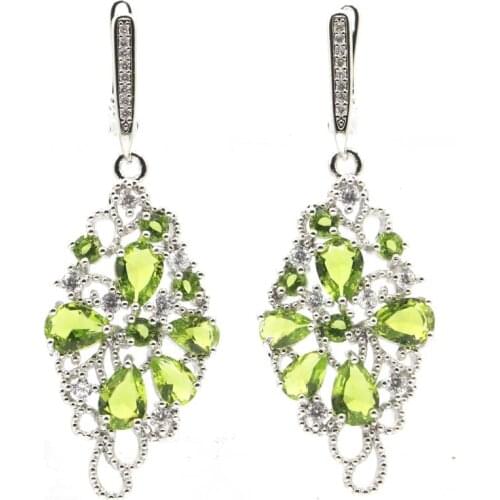 50x18mm Jewelry Set Hollow Created Green Peridot White Zircon For Womans Birthday Gift Silver Pendant Earrings