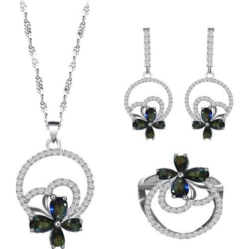 Ayowei For girl gifts Butterfly Flower Design stamped Silver Colorful blue Zircon Earrings Necklace Rings Jewelry Sets JS829